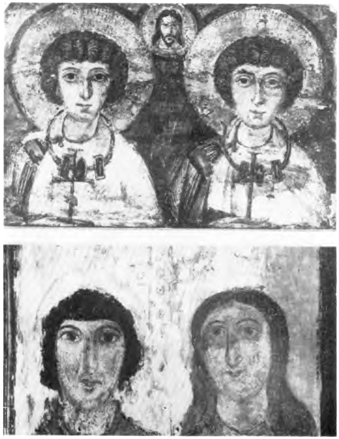 Табл. 19. Иконы двойные, ранневизантинские, энкаустика на дереве, Киев, Музей западного и восточного искусства
Ил. 1 — святый Сергий и Бакх, VII в. сирийская (?) шк., нимбы с нарисованными толстыми контурами для создания впечатления выпуклости
Ил. 2 — мученик и мученница, VI—VII вв., выпуклые нимбы, сделанные с помощью грунта