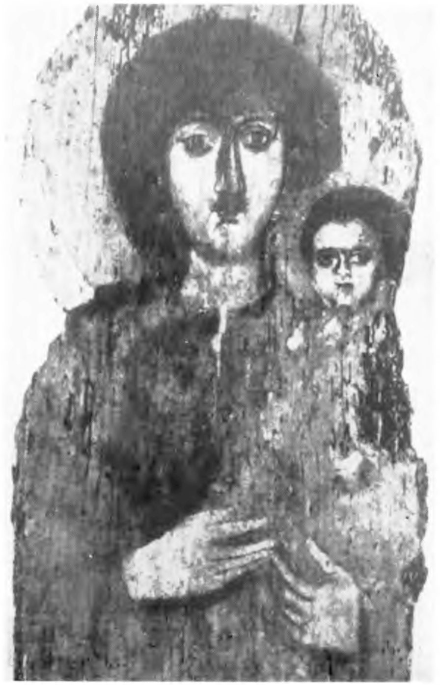 Табл. 21. Позднедревнехристианская роспись: Одигитрия, VII в., энк. на дереве, Рим, Пантеон (s. Maria ad Martyres)