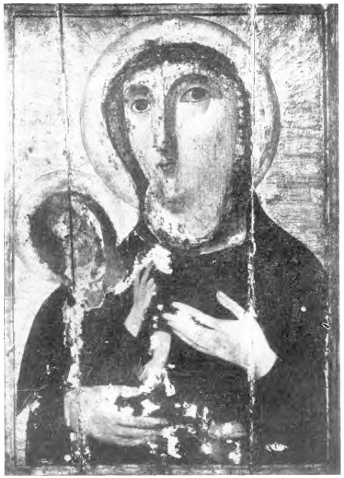 Табл. 22. Одигитрия, VI в., фрагмент энкаустической росписи на холсте (лица), наклеенные на кипарисовую доску в нач. XIIIмв.  Тогда были дорисованы руки и одежды, лица поновлены. Фон образа с нач. XVI в., Рим, с. Мария Франческа