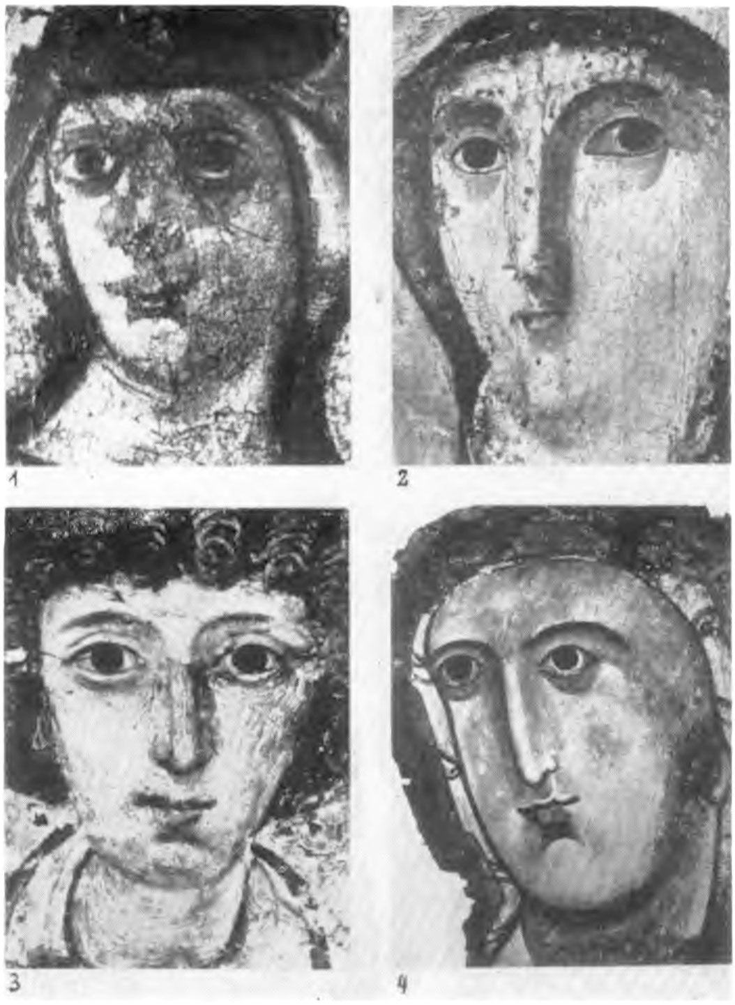 Табл. 24.
Ил. 1, 2 — главы Мадонн с синайских икон VI в. и с. Мария Франческа VI в.
Ил. 3 — глава святого Сергия ранневизантинской иконы, VII в. сирийская (?) шк.
Ил. 4 — первое поновление с нач. XIII в., снятая с образа с. Мария Франческа. Только огоньки на глазах в какой-то степени были повторены, все лицо в византийском стиле тосканской школы утратило египтизирующий характер первоисточника