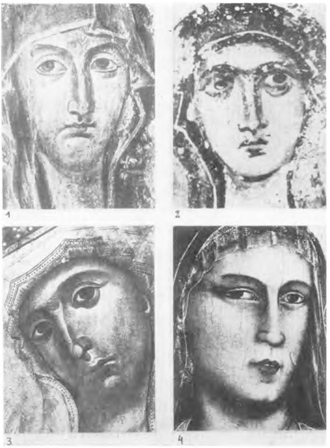 Табл. 25. Средневековые итальянские образы:
Ил. 1 — Санта Мария Маджоре, XI (?) в., темп. на дереве, Рим, Санта Мария Маджоре
Ил. 2 — святой Феодот, XI в., фреска, Афины
Ил. 3 — Коппо Ди Марконвальдо,  XIII в., темпера по дереву, Orvietto, S. Martino ai Servi
Ил. 4 — Джотто, Мадонна Огниссанти, кон. XIII в., темп. на дереве, Флоренция, Уффичи