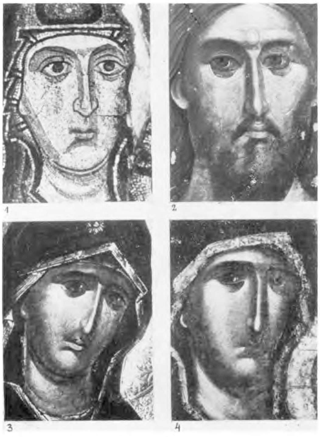 Табл. 30. Мозаика и балканские средневековые иконы:
Ил. 1 — Одигитрия, нач. XIII в., мозаика, Хиландар, музей
Ил 2 — Спаситель, ок. 1260, темп. по дереву, Хиландар, музей
Ил. 3 — Матерь Божия Периблептос, сер. XIV в., темп. по дереву, Охрид, Нац. Муз.
Ил. 4 — Одигитрия, сер. XIV в., темпера по дереву, Родос